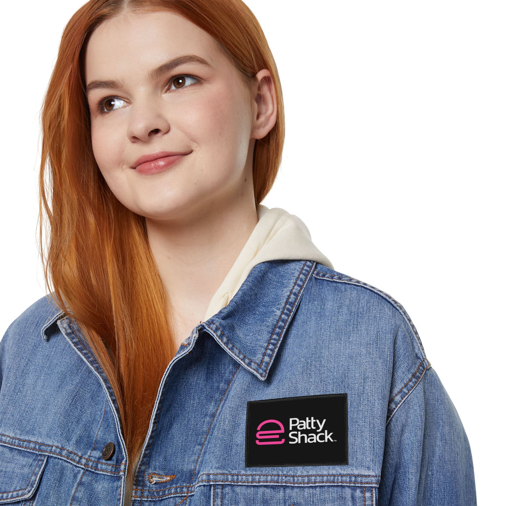 Pink Stylized 'e' Iron-On Patch – Square Logo Patch for Jackets, Bags & Jeans