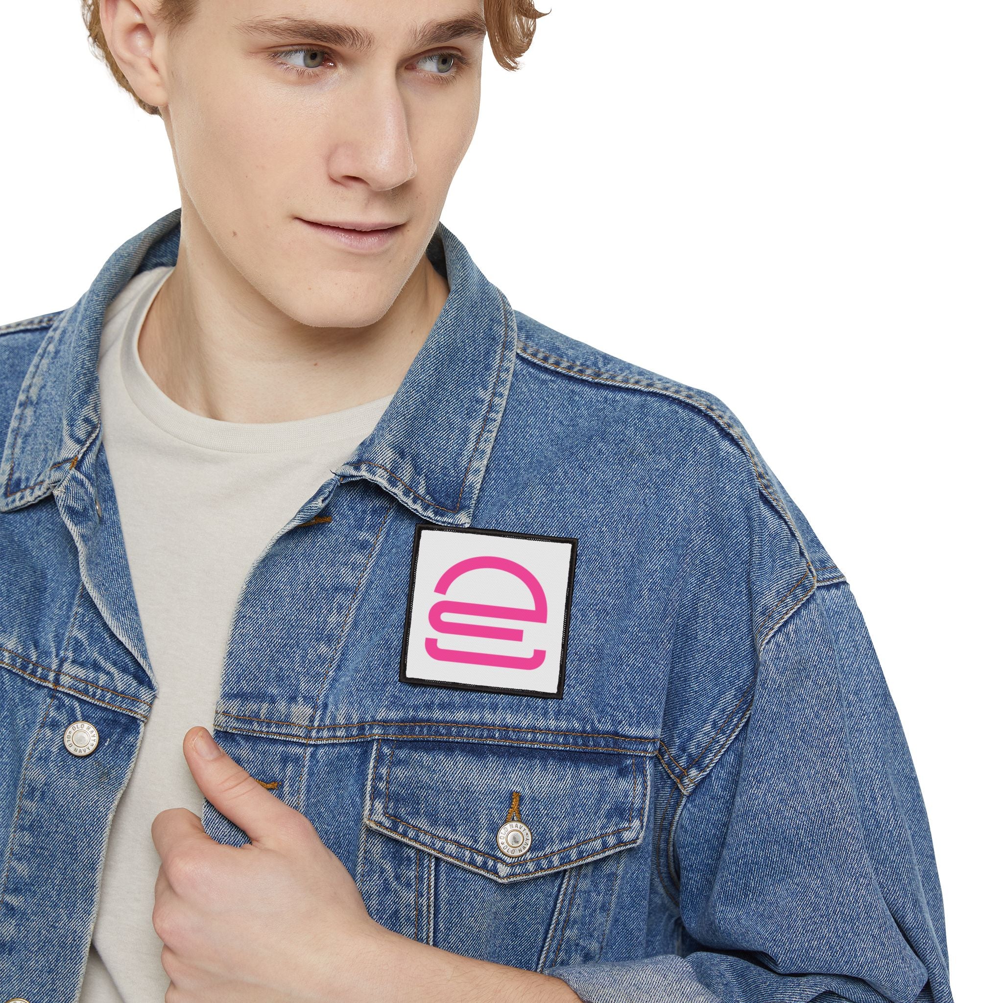 Pink Minimalist 'e' Iron-On Patch — Square Logo Patch for Jackets & Bags