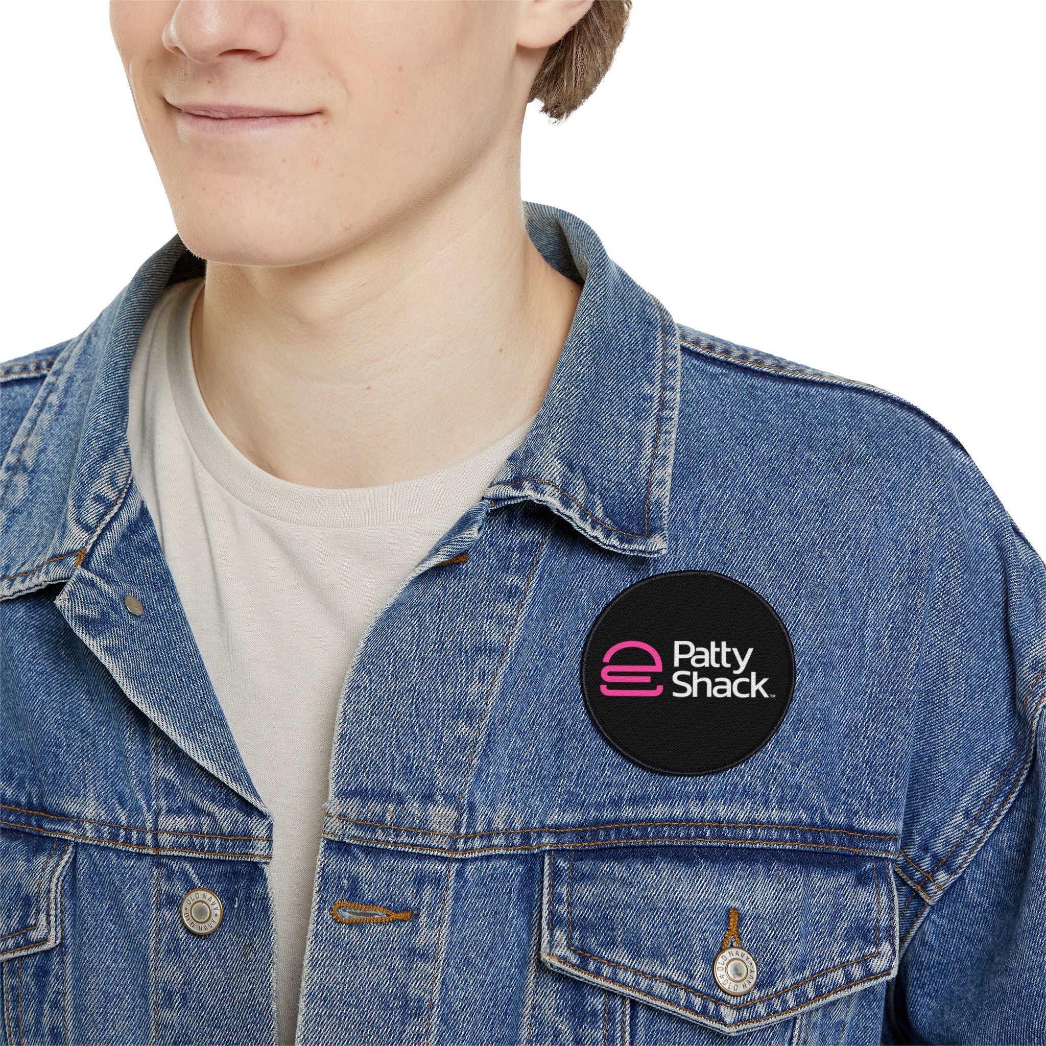 Pink Stylized 'e' Iron-On Patch – Square Logo Patch for Jackets, Bags & Jeans