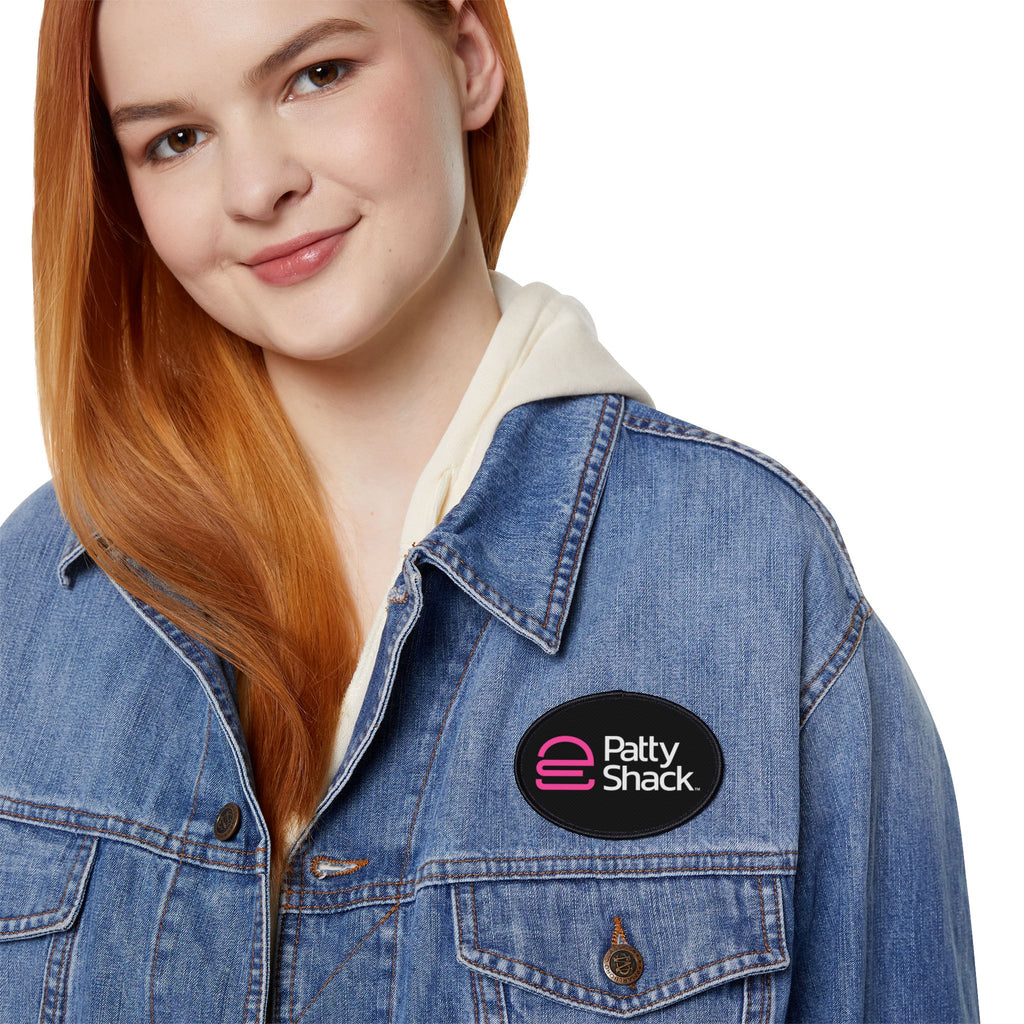 Pink Stylized 'e' Iron-On Patch – Square Logo Patch for Jackets, Bags & Jeans