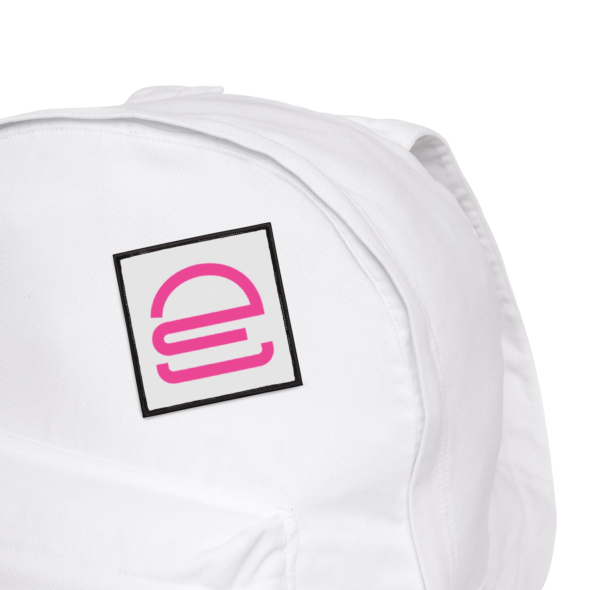 Pink Minimalist 'e' Iron-On Patch — Square Logo Patch for Jackets & Bags