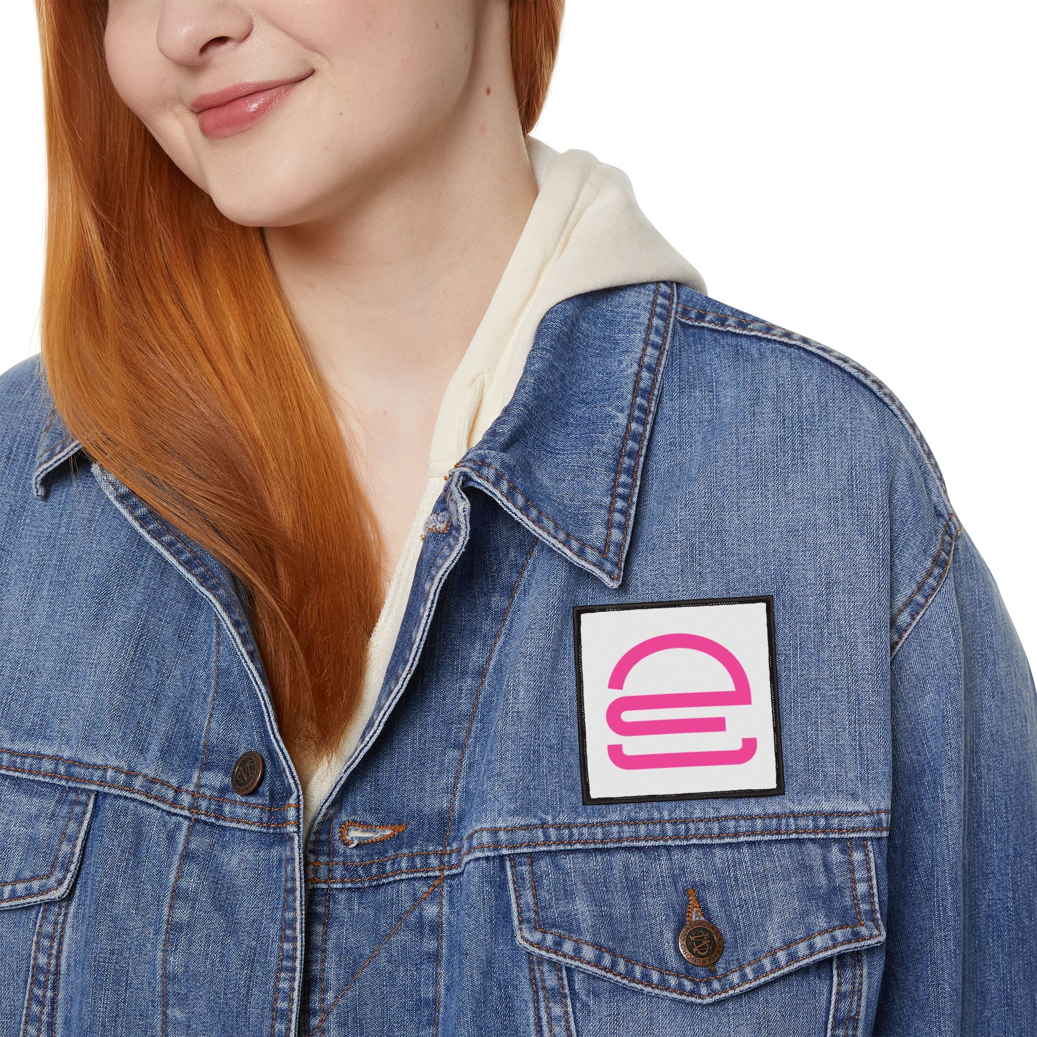 Pink Minimalist 'e' Iron-On Patch — Square Logo Patch for Jackets & Bags